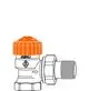 Thermostat-Ventilunterteil in Eckform mit orangefarbenem Kopf, Anschlussgewinde und Druckregulierventil von IMI Hydronic Engineering.